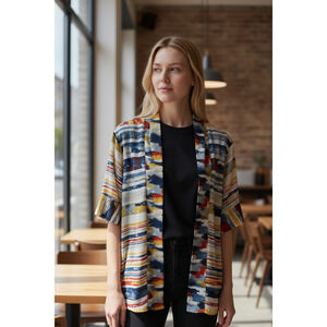4620) Multiples Multicolor Abstract Stripe Short Sleeve Kimono Cardigan PS